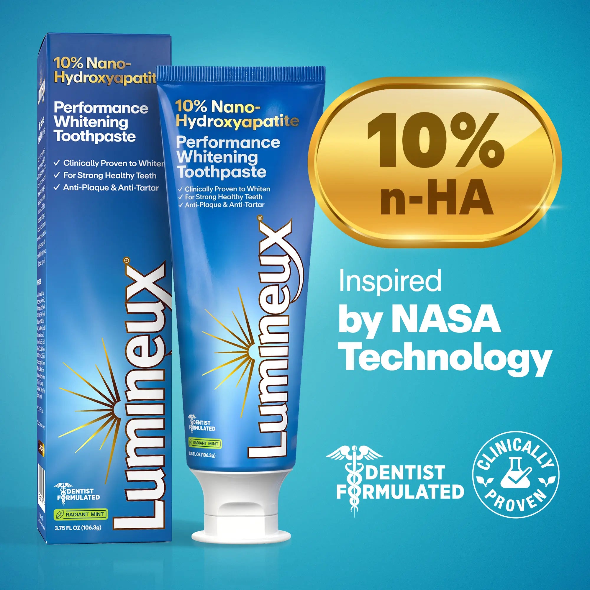 Lumineux 10% Nano Hydroxyapatite Performance Whitening Toothpaste - Fluoride Free & Gentle Whitening - Clinically Supported & Nasa-Developed Nha for Strong Enamel & Bright, Smooth Teeth (3.75 Oz)